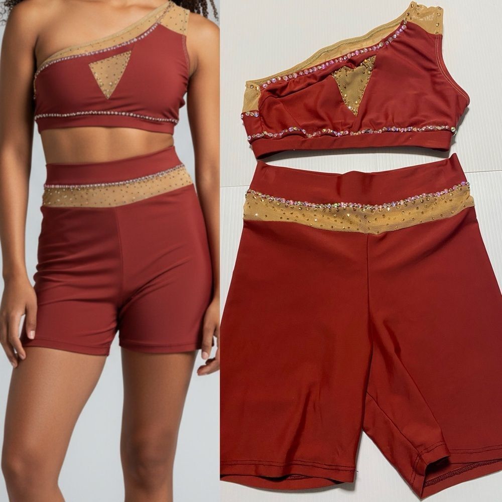 Patrick J designs dance costume solo orange illusion 2 piece top bike shorts XSA